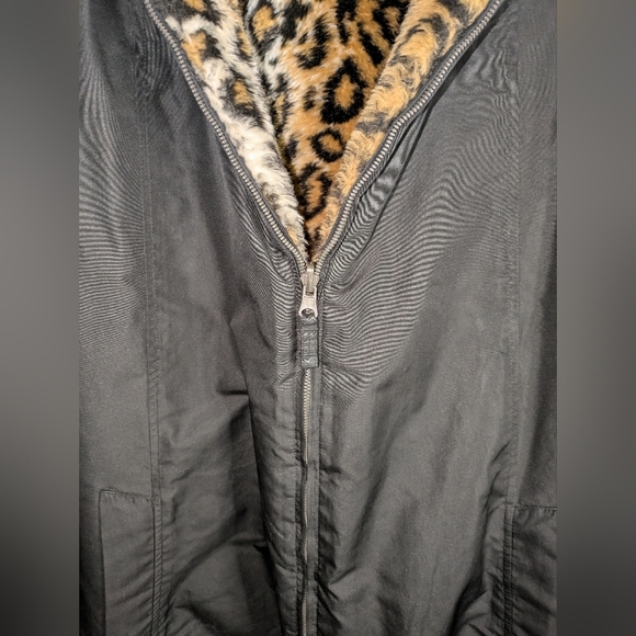 Plus Size Reversible Coat | Animal Print Teddy & Black Parka - Picture 3 of 6